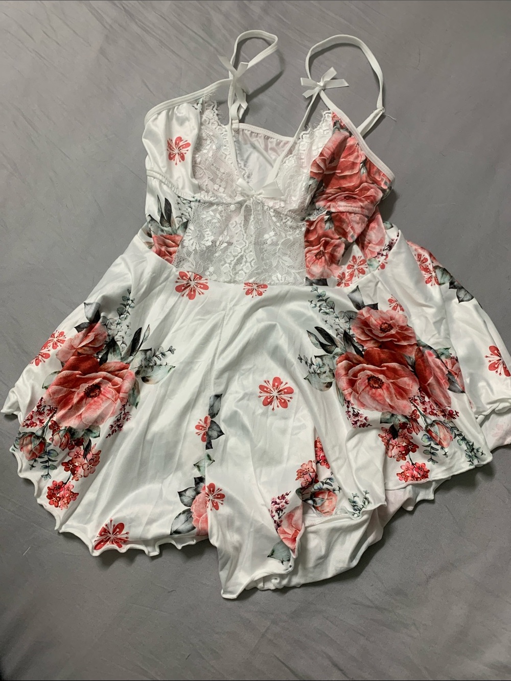 White Floral Lace-Trim Slip Dress with Pink Roses